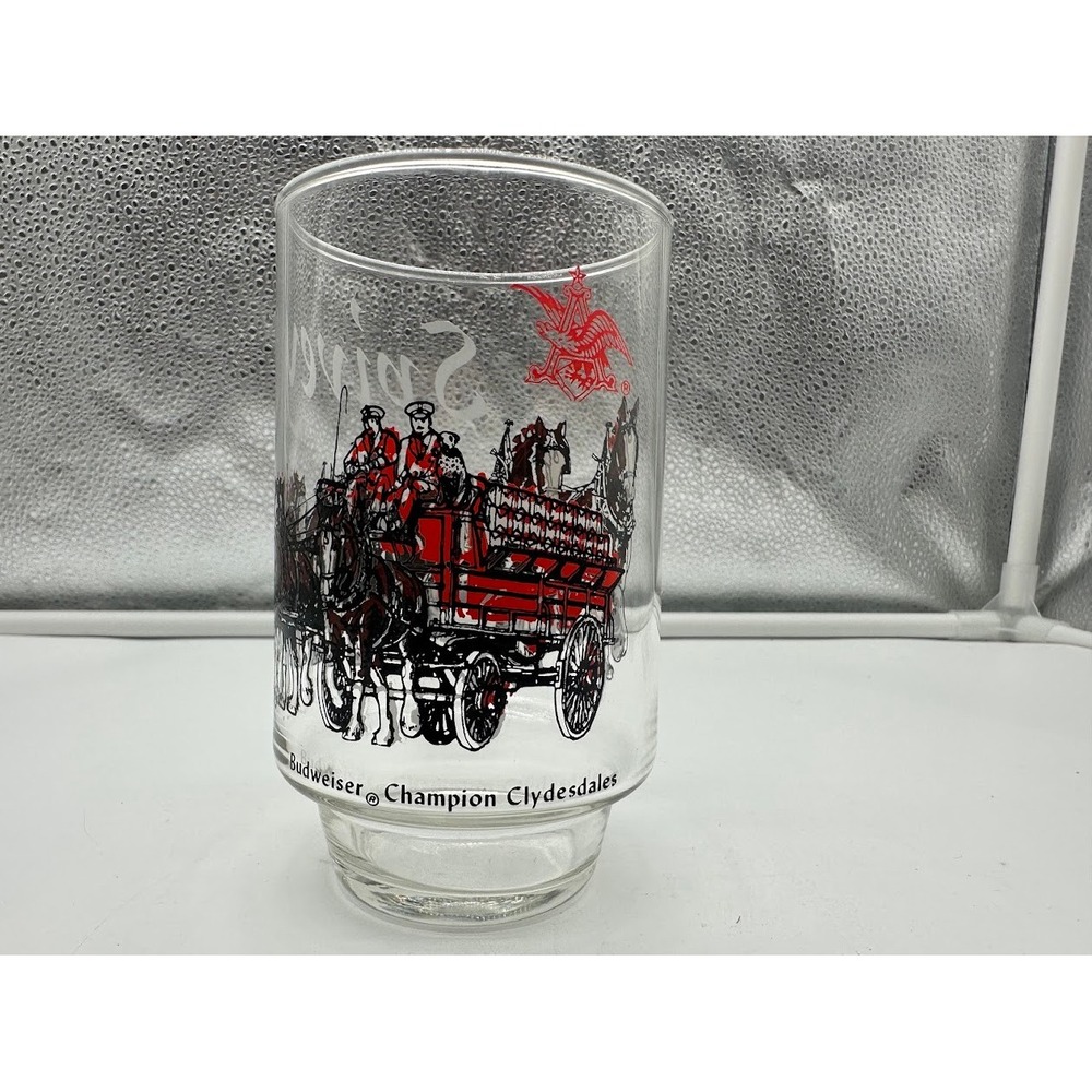 Vintage Budweiser Champion Clydesdales Beer Glass Spivey Graphic Clear 16oz